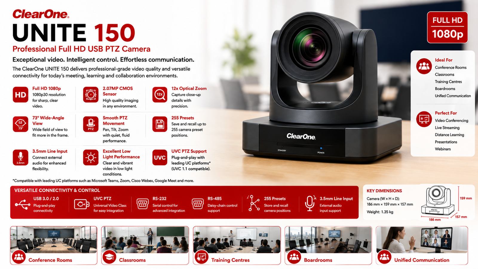 ClearOne UNITE 150, ClearOne Full HD USB PTZ Camera, 1080p30 Video, 2.07MP CMOS Sensor, 12x Optical Zoom, 73° Wide-Angle View, USB 3.0/2.0, RS-232 Control, 255 Presets | 910-2100-004